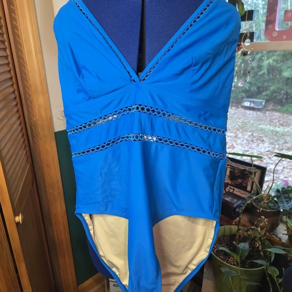 Swimsuits For All Electric Blue V-Neck One-Piece with Crochet Banding - Picture 3 of 4